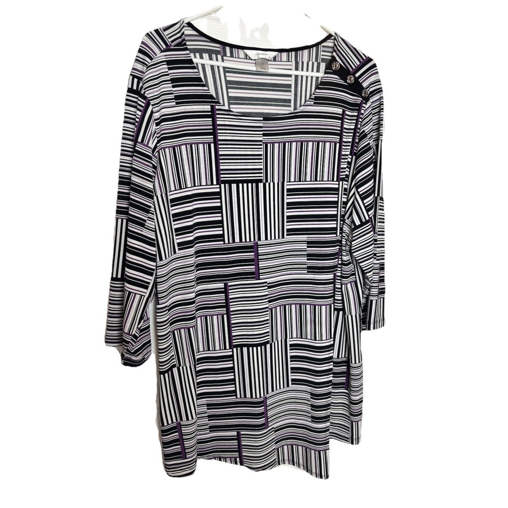 Christopher & Banks Women's 1X Long Tunic Blouse Blk/Wht/Purple Office Date NWOT